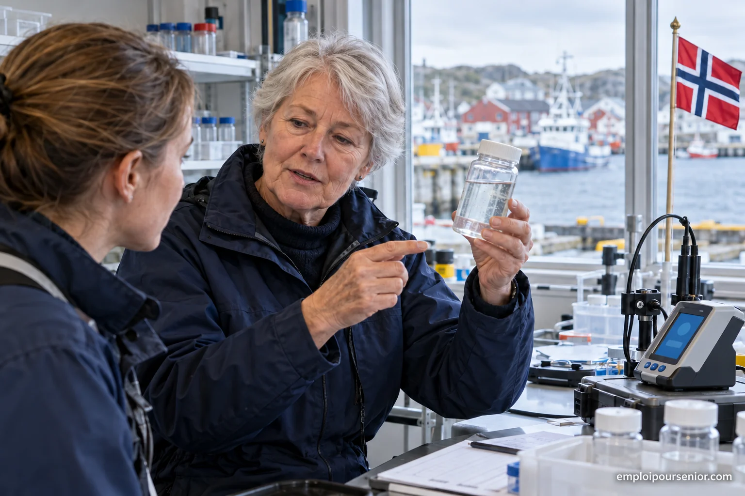 Une coordinatrice senior examine un échantillon d’eau dans un laboratoire norvégien.