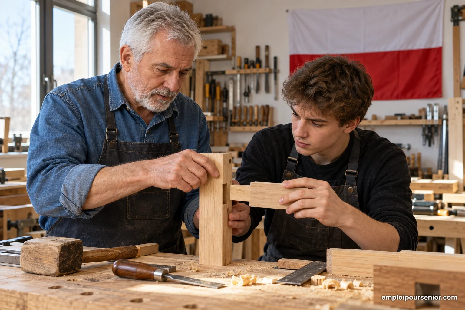 Un formador veterano enseña un ensamblaje de carpintería a un aprendiz en un taller polaco.