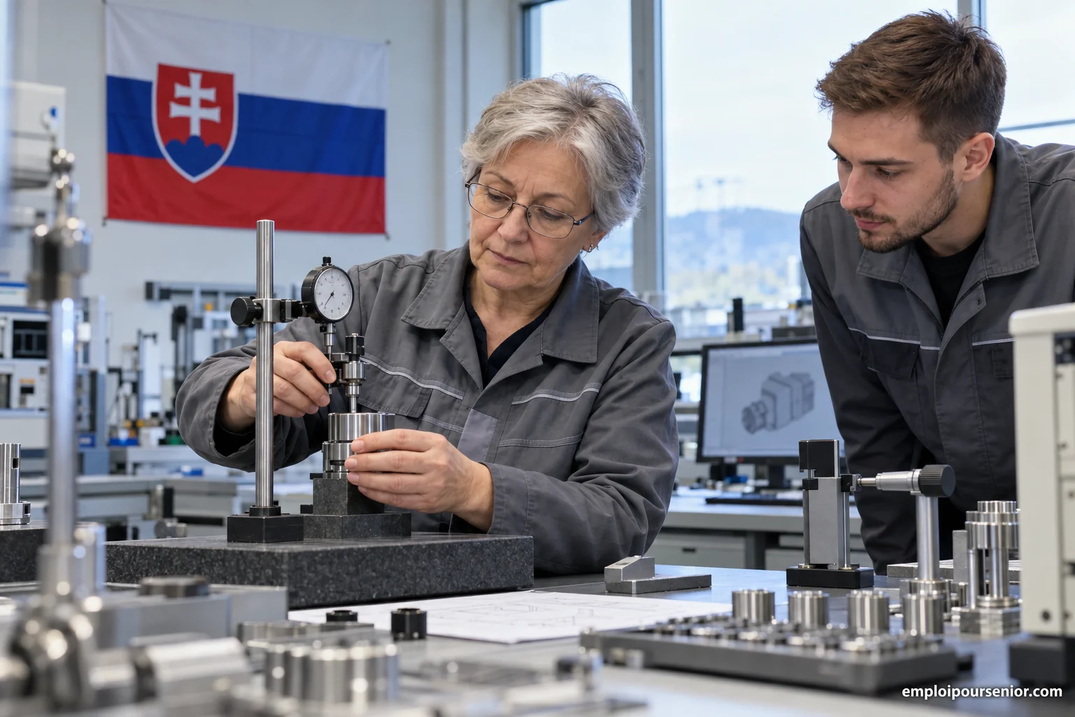 Eine erfahrene Teamleiterin prüft zusammen mit einem jungen Techniker ein Metallteil in einer slowakischen Werkhalle