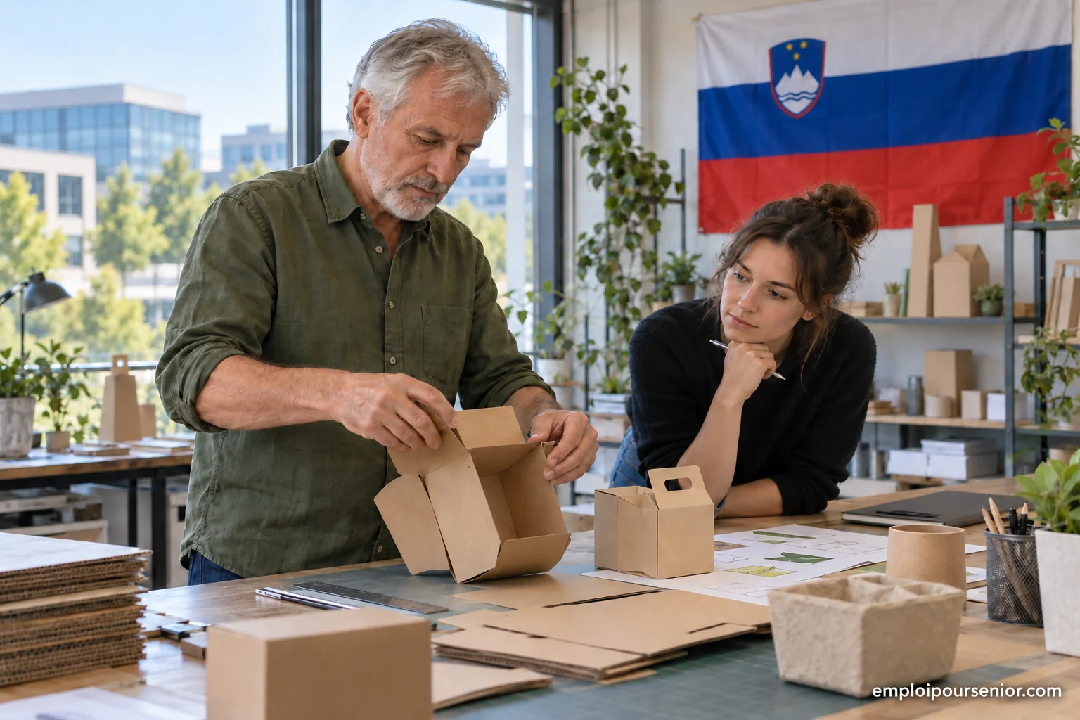 A senior mentor builds a packaging prototype with a young designer in a Slovenian design studio