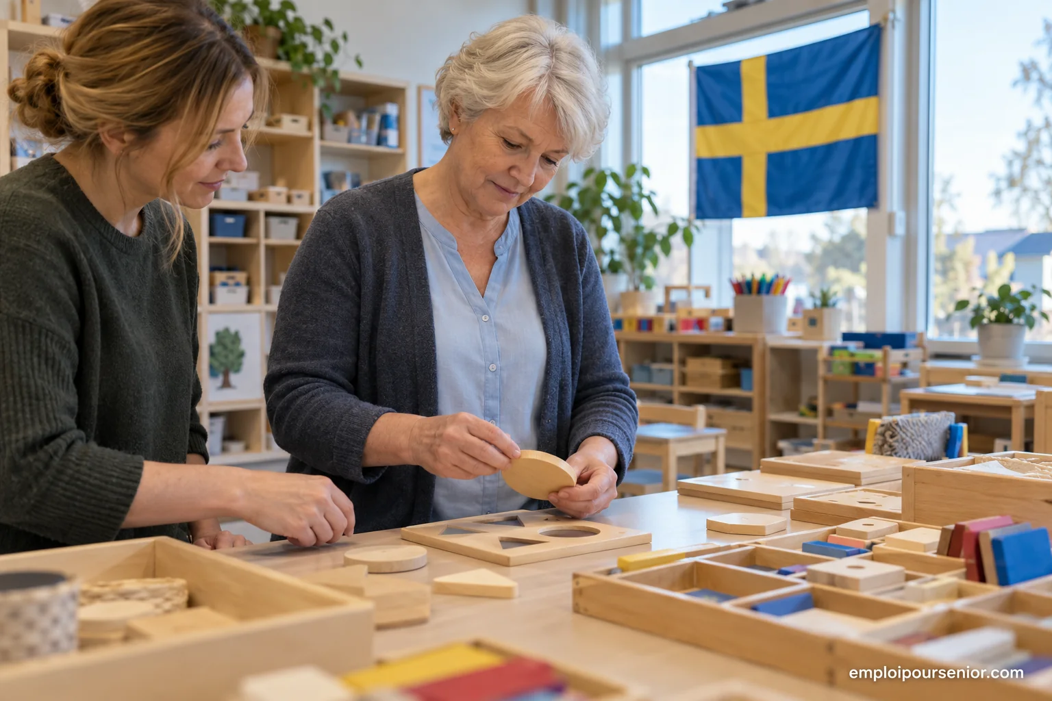 Une spécialiste senior prépare du matériel pédagogique tactile avec une éducatrice dans un atelier en Suède.