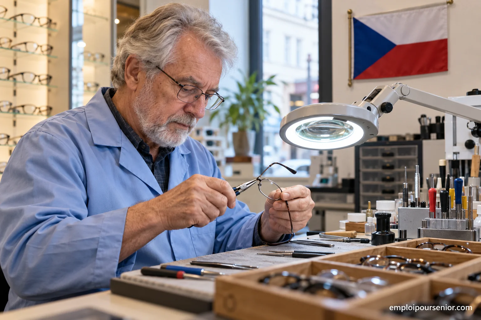 Ein erfahrener Techniker stellt in einer tschechischen Optikerwerkstatt eine Brillenfassung ein