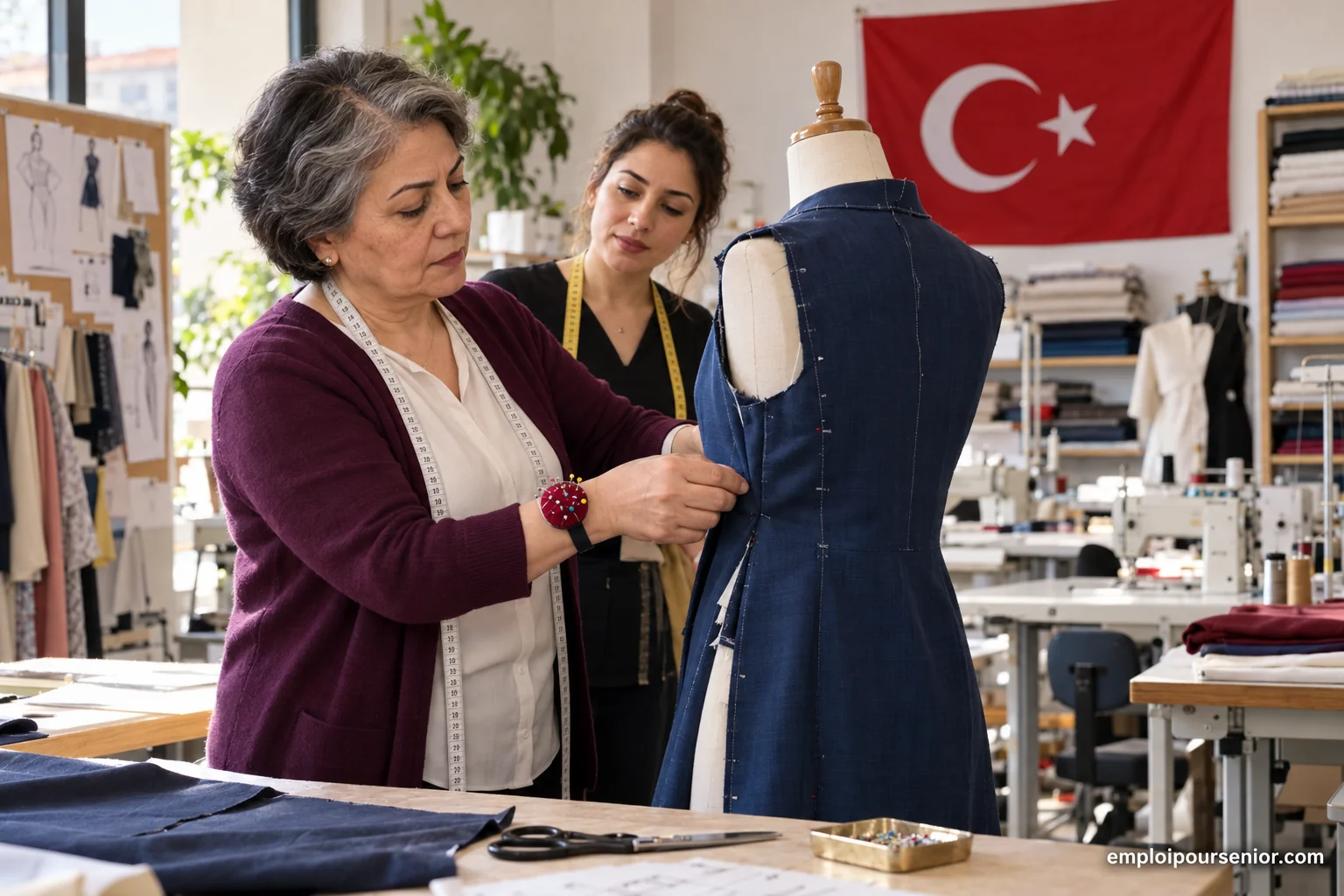A senior trainer checks a seam with a colleague in a Turkish fashion workshop