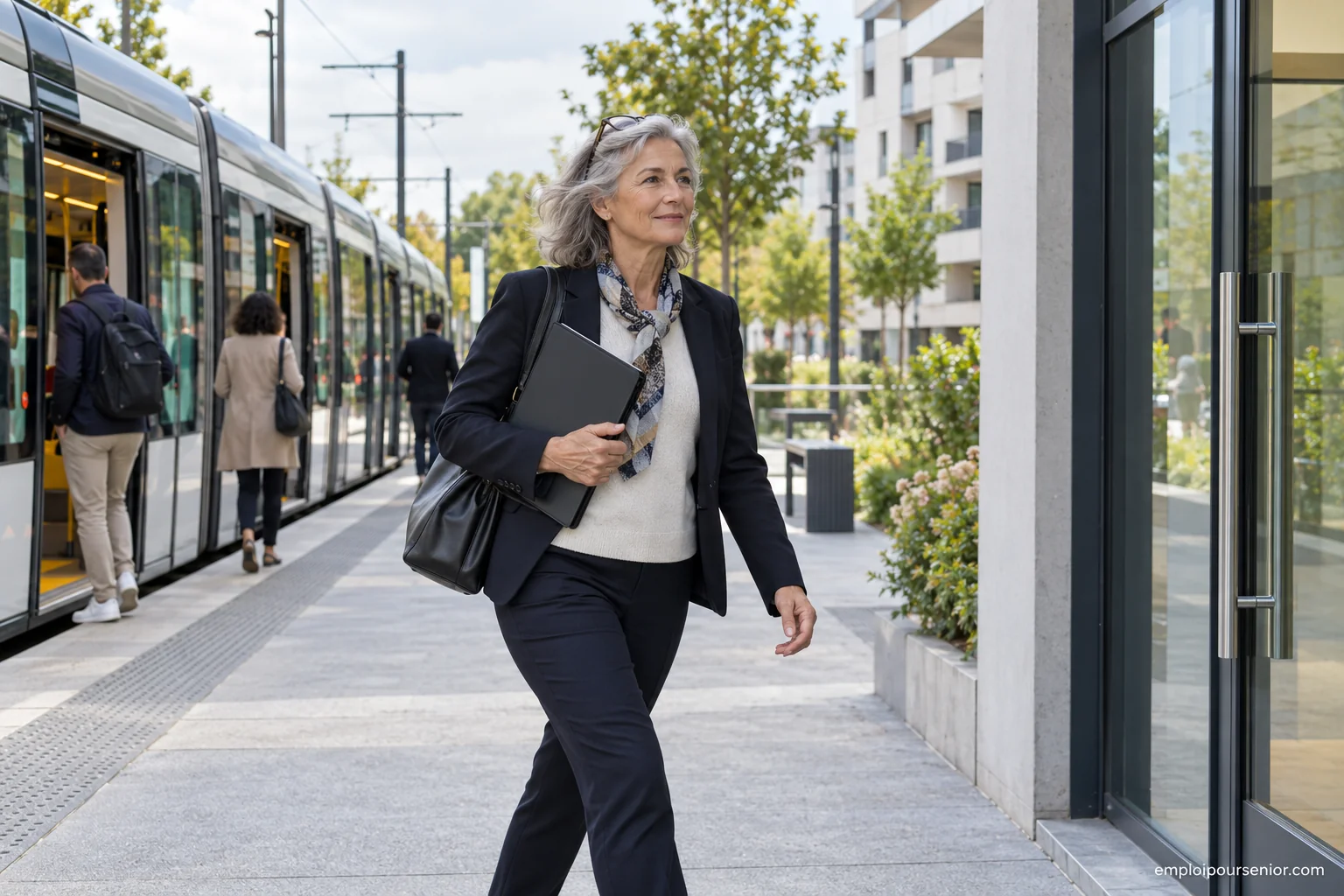 Une candidate senior descend d'un tramway avec un sac professionnel sur l'épaule