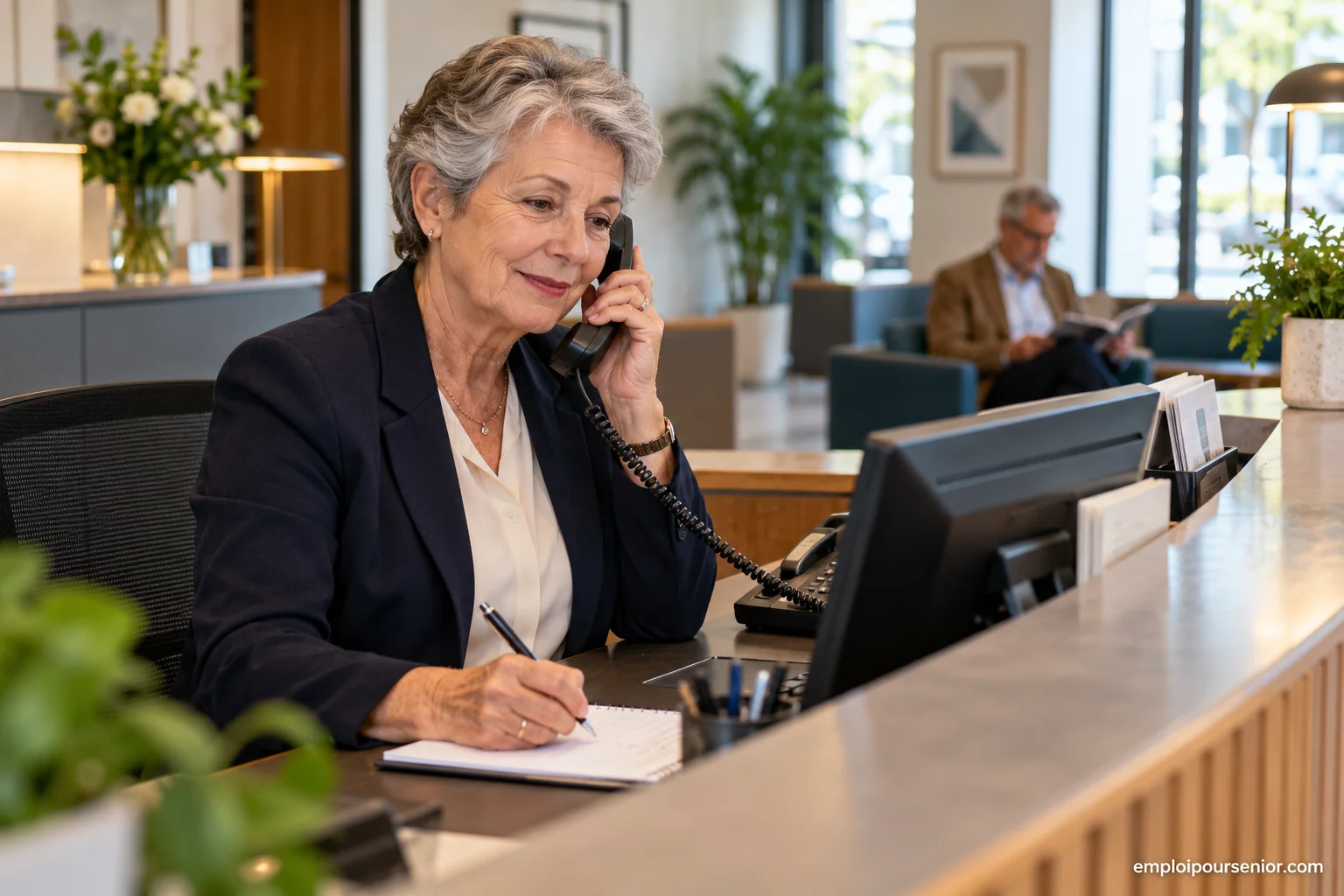 Recepcionista senior contestando al teléfono y anotando un mensaje en su mostrador de recepción.