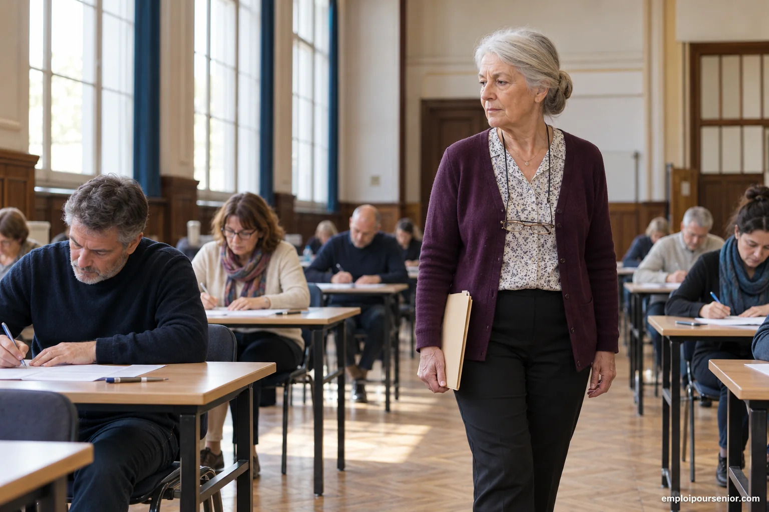 Surveillante senior circulant entre les tables d’une salle d’examen.
