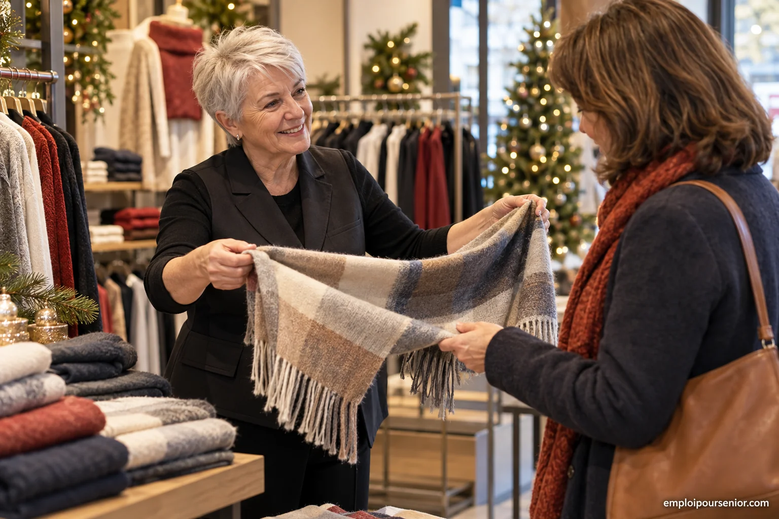 Senior sales assistant showing a scarf to a customer inside a small boutique.