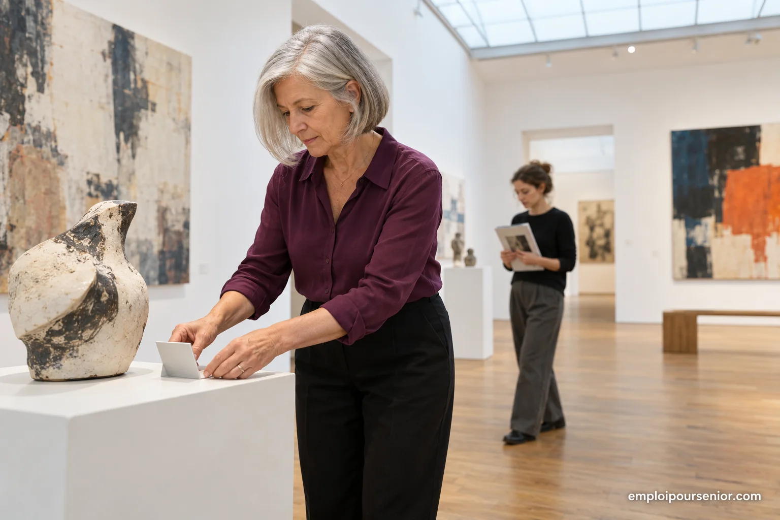 Eine Rentnerin richtet ein Ausstellungsstück in der Galerie ein, in der sie in Teilzeit arbeitet.
