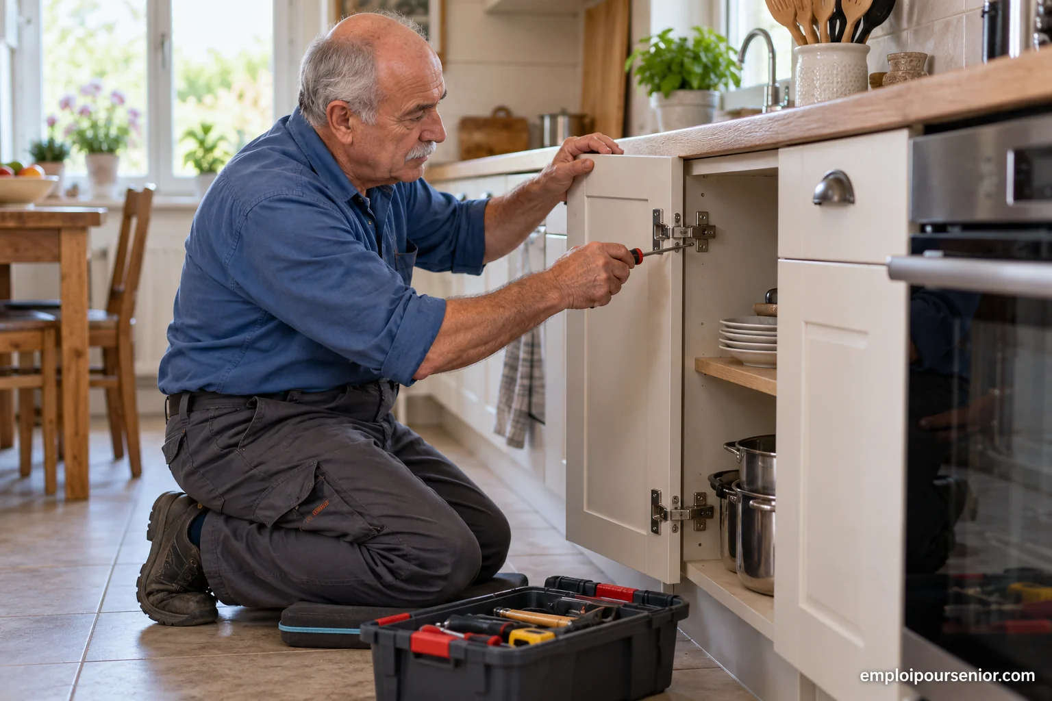 A senior handyman adjusts a cupboard hinge in a kitchen