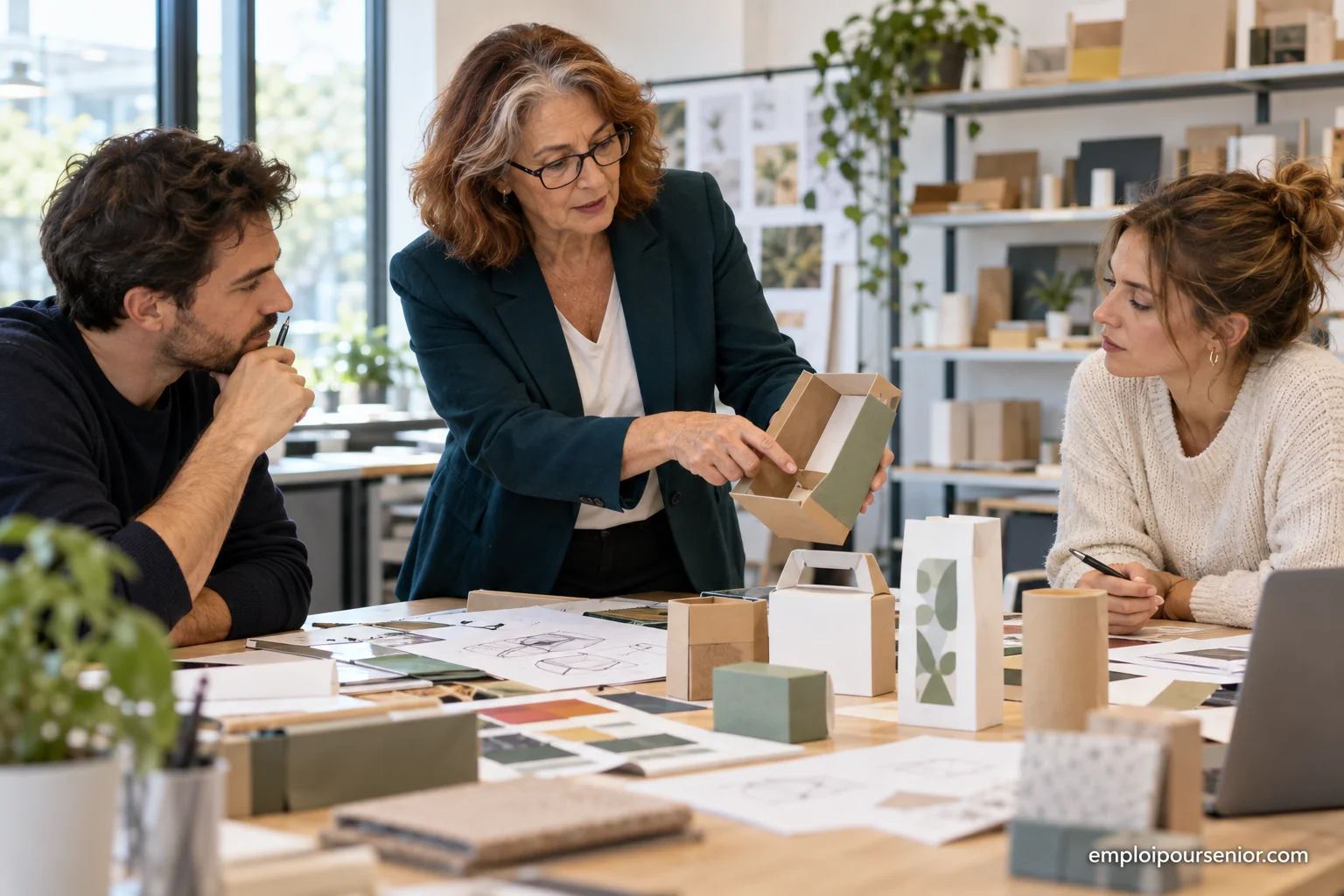 Una profesional senior participa con su equipo en una reunión de diseño en la oficina.