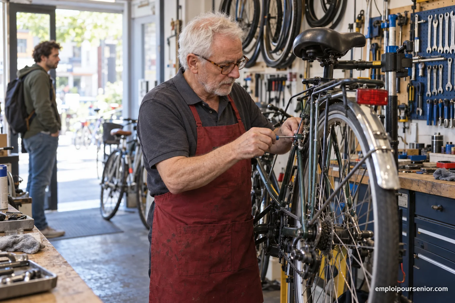 A retired man repairs a bicycle in a workshop as a side activity.