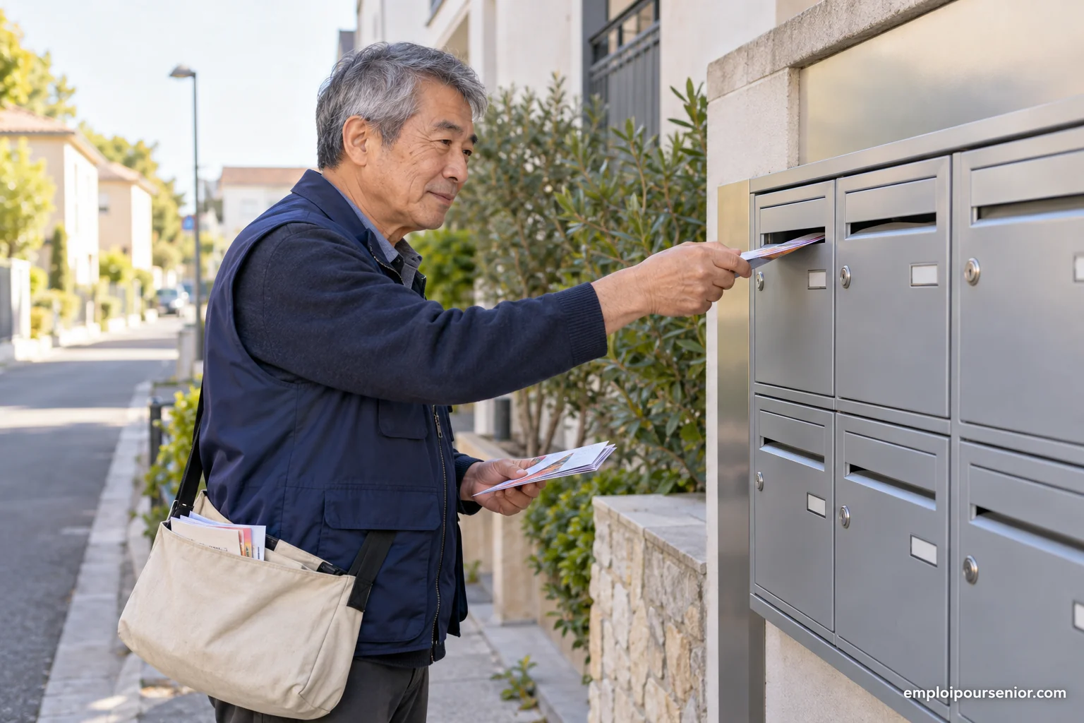 Senior deliverer pushing a leaflet through a letterbox on a quiet residential street.
