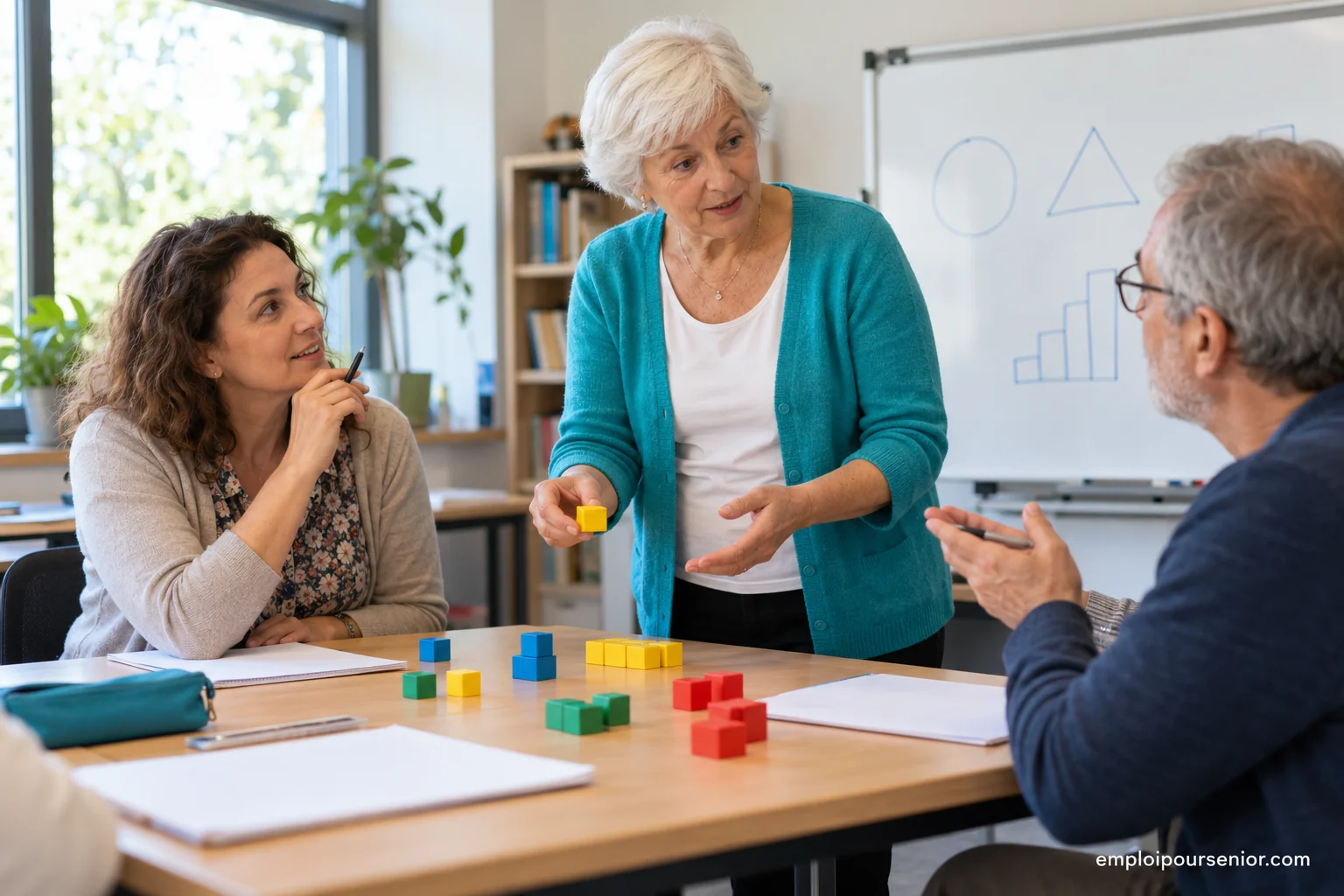 Eine ältere Lehrerin begleitet eine kleine Gruppe Erwachsener, die an einem Tisch lernen.