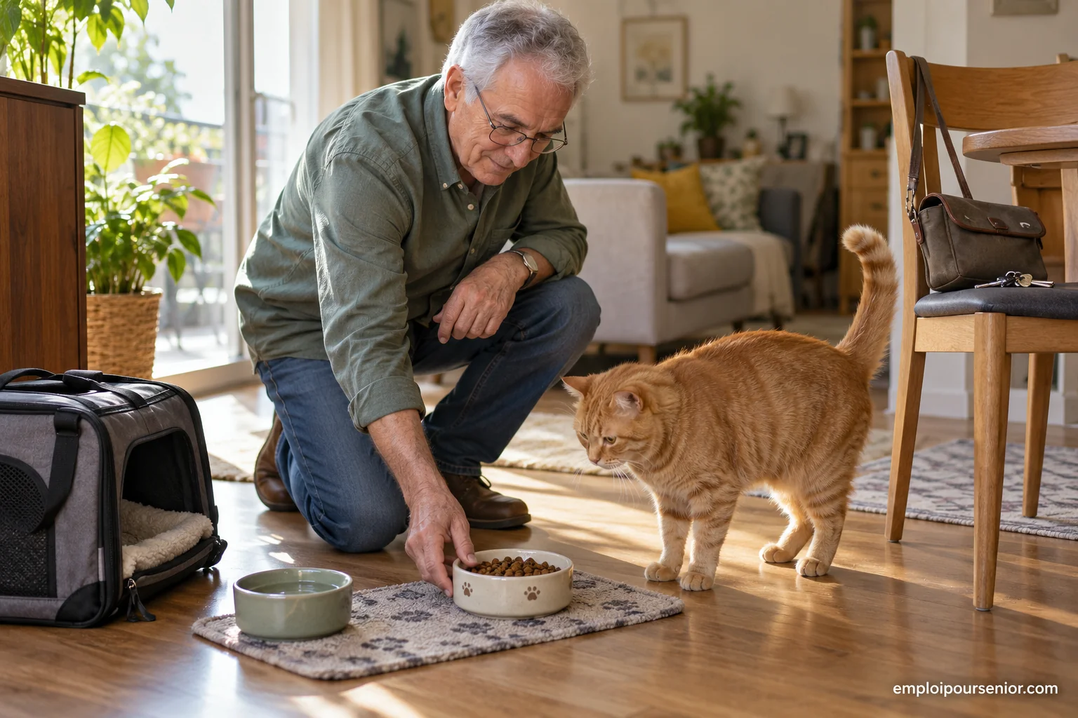 A senior pet sitter feeds a ginger cat in a bright apartment