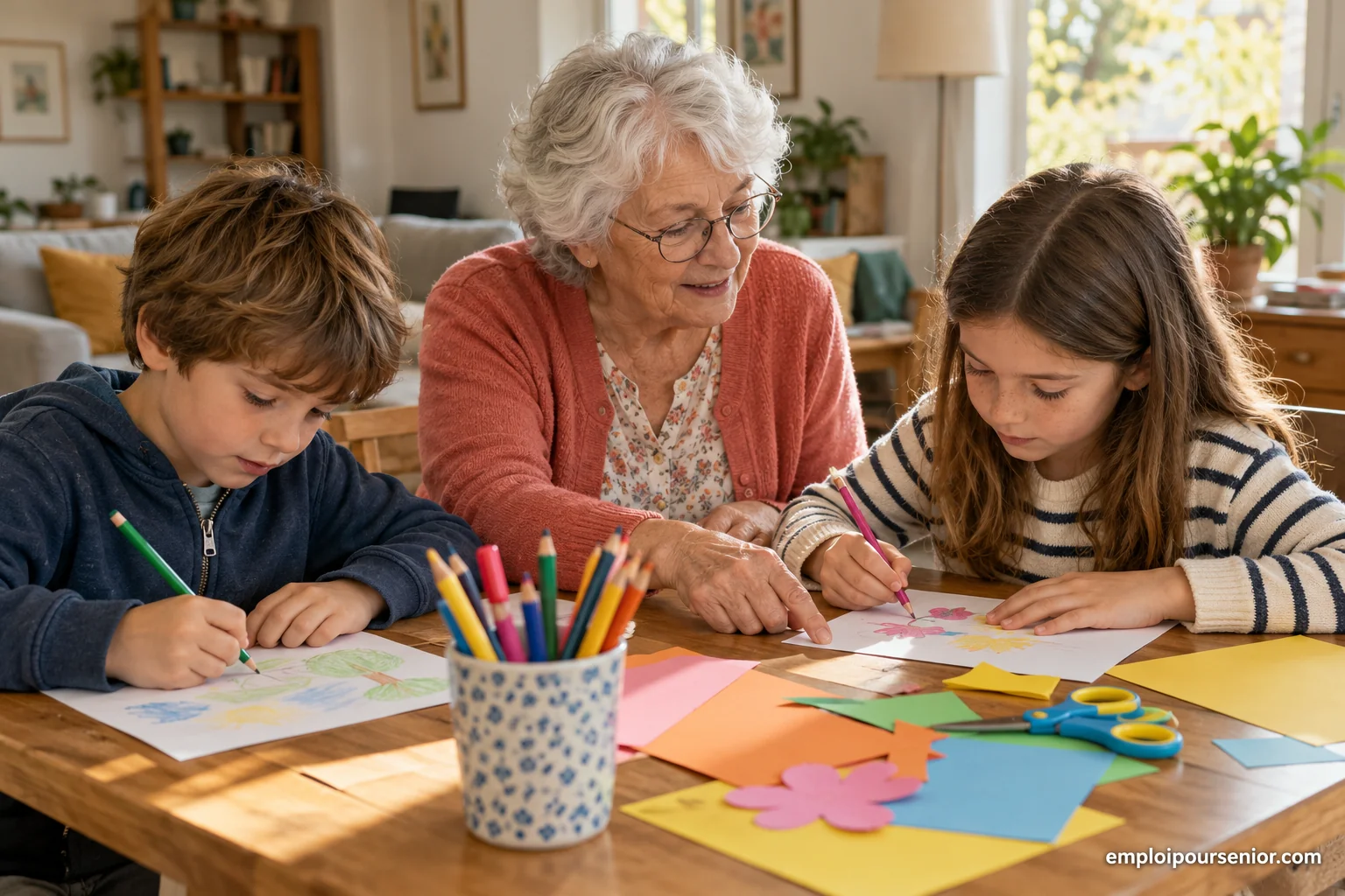 A senior childminder helps two children with a creative activity at a table.