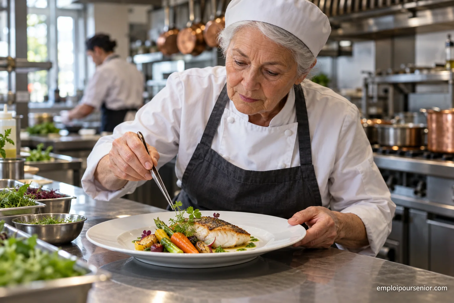 Une cheffe senior termine le dressage d’une assiette dans une cuisine professionnelle.