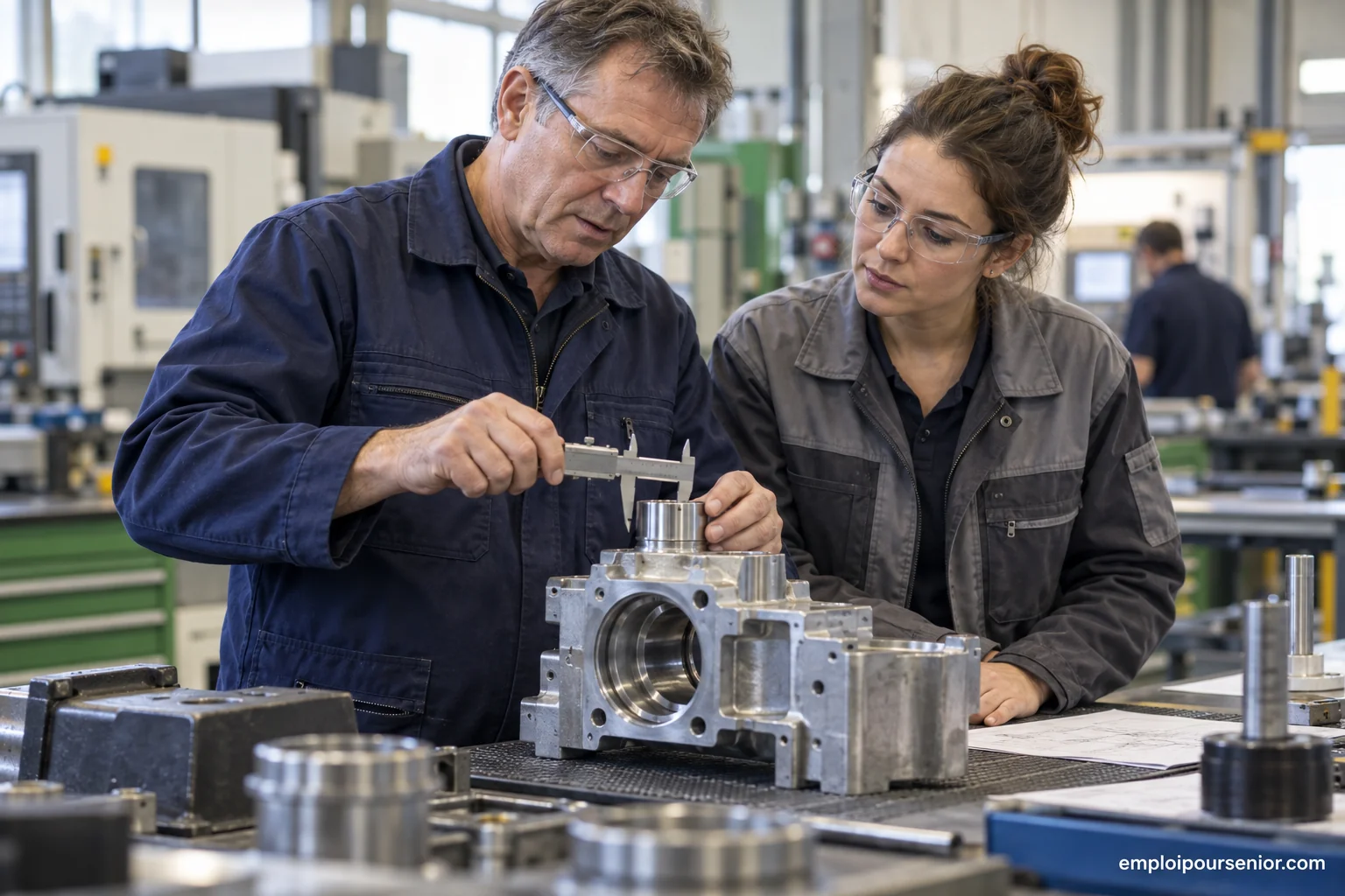 An experienced technician inspects a mechanical part with a colleague in a workshop.