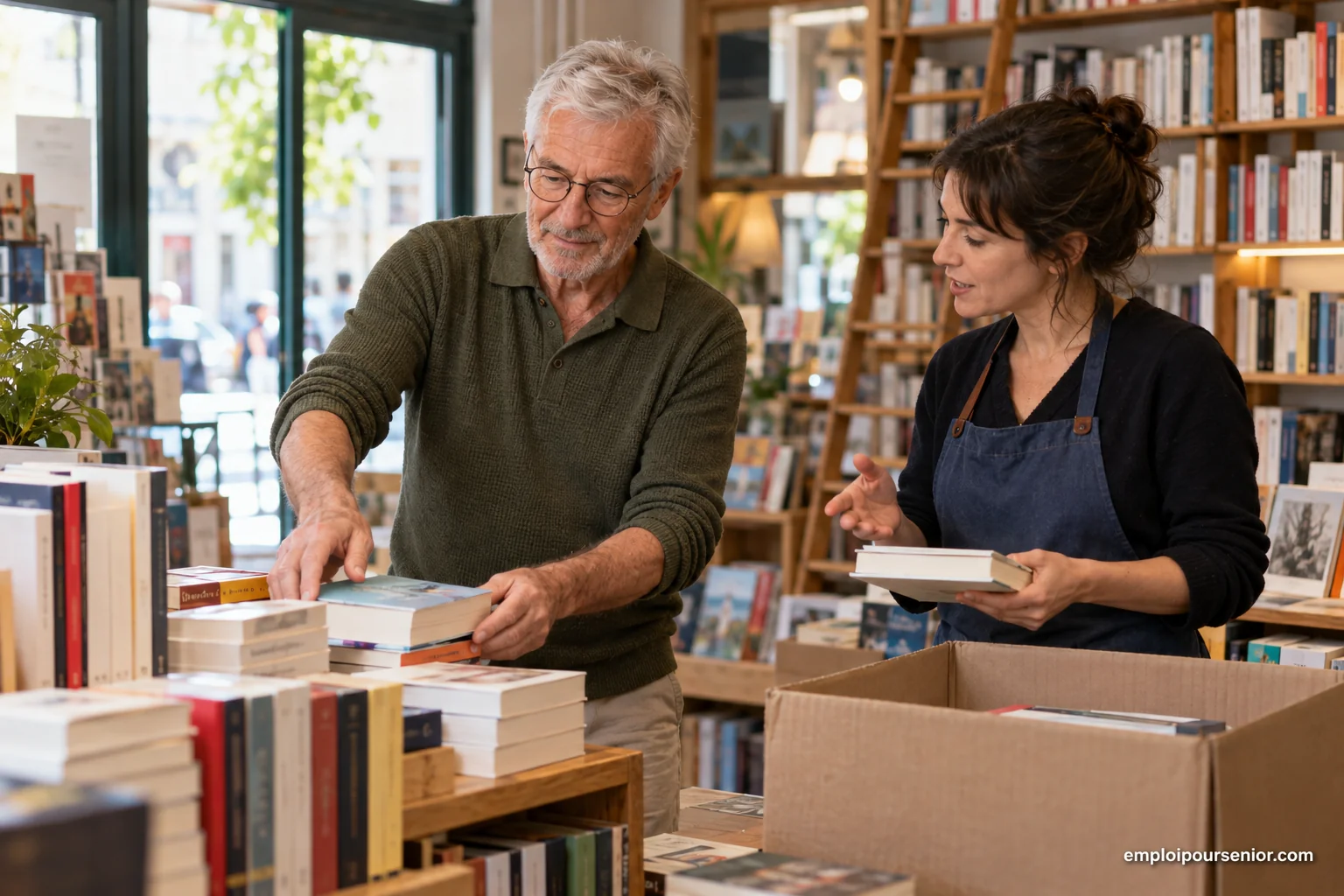 Ein älterer Mann arbeitet in einer Buchhandlung gemeinsam mit einer jüngeren Kollegin an der Kasse.