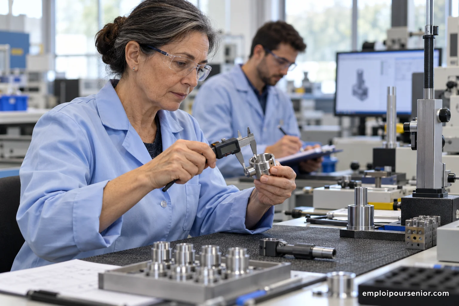 Eine erfahrene Technikerin misst ein Bauteil in einer Werkstatt für Qualitätskontrolle.