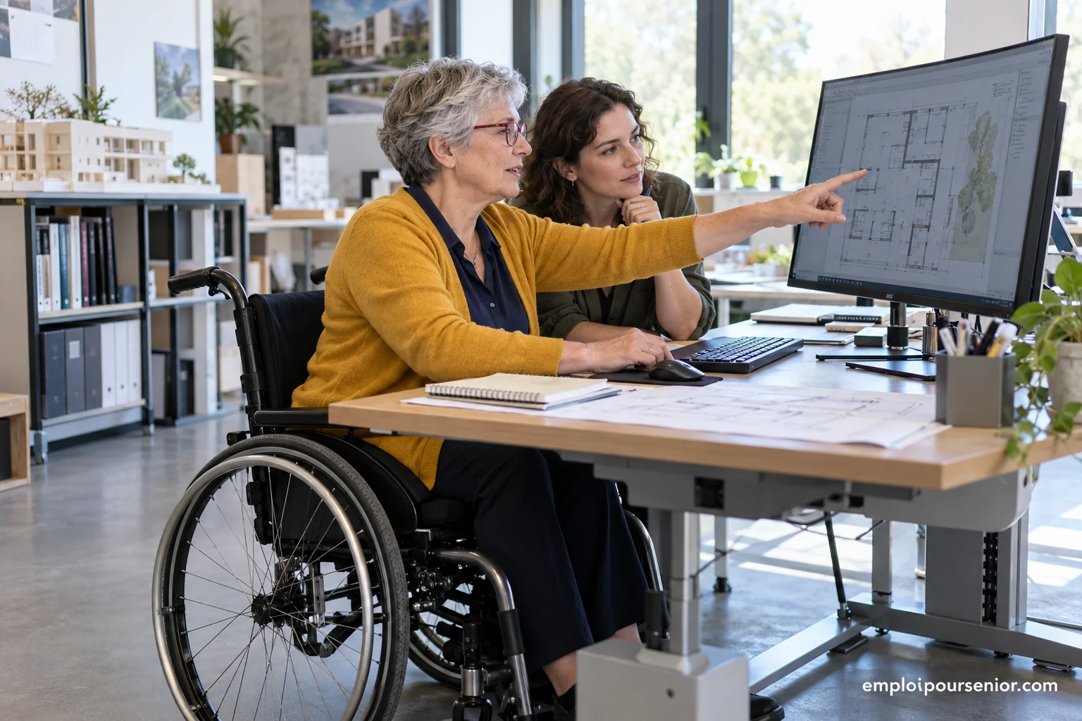 Eine erfahrene Fachkraft im Rollstuhl arbeitet gemeinsam mit einer Kollegin vor einem Computerbildschirm