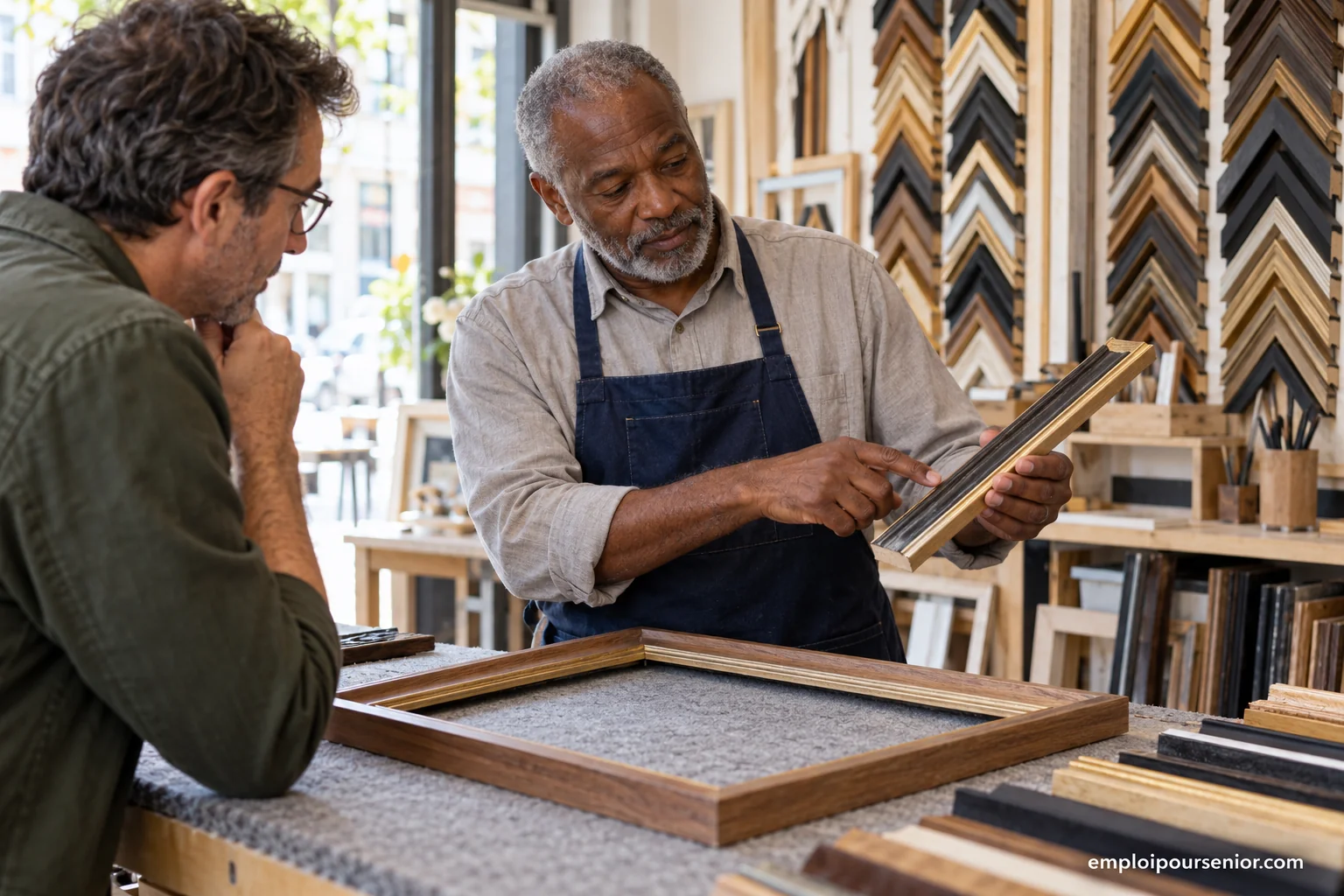 An experienced craftsman shows a framed piece to a customer in his workshop.