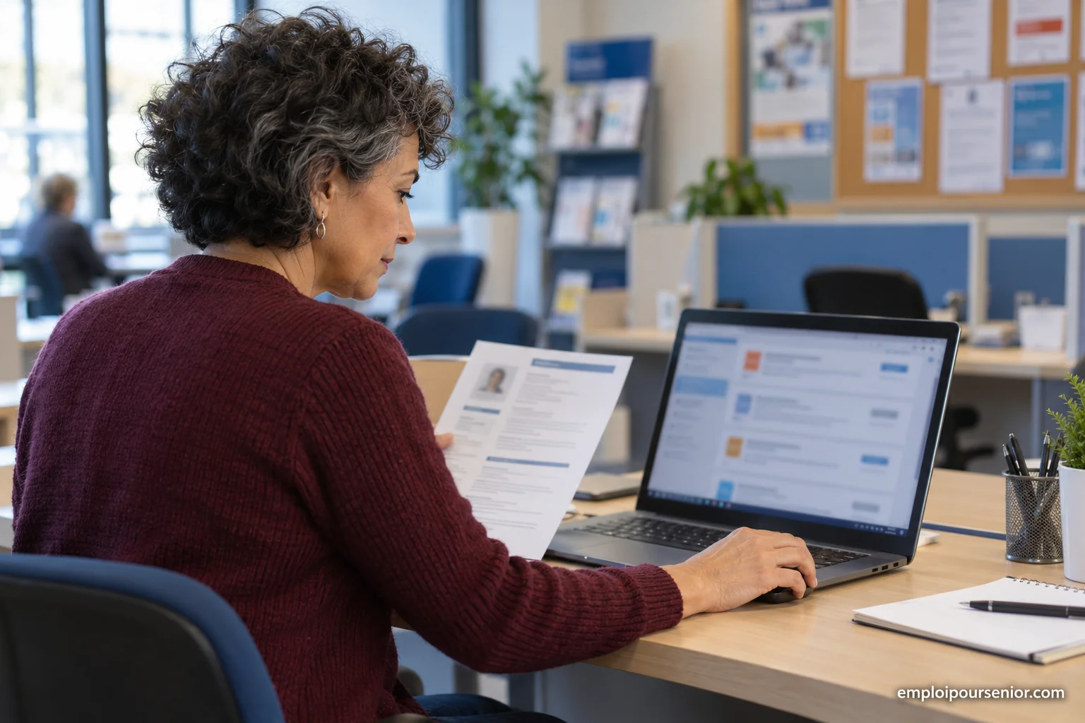 Eine ältere Bewerberin sucht an ihrem Computer in einem Arbeitsbereich nach Stellenanzeigen