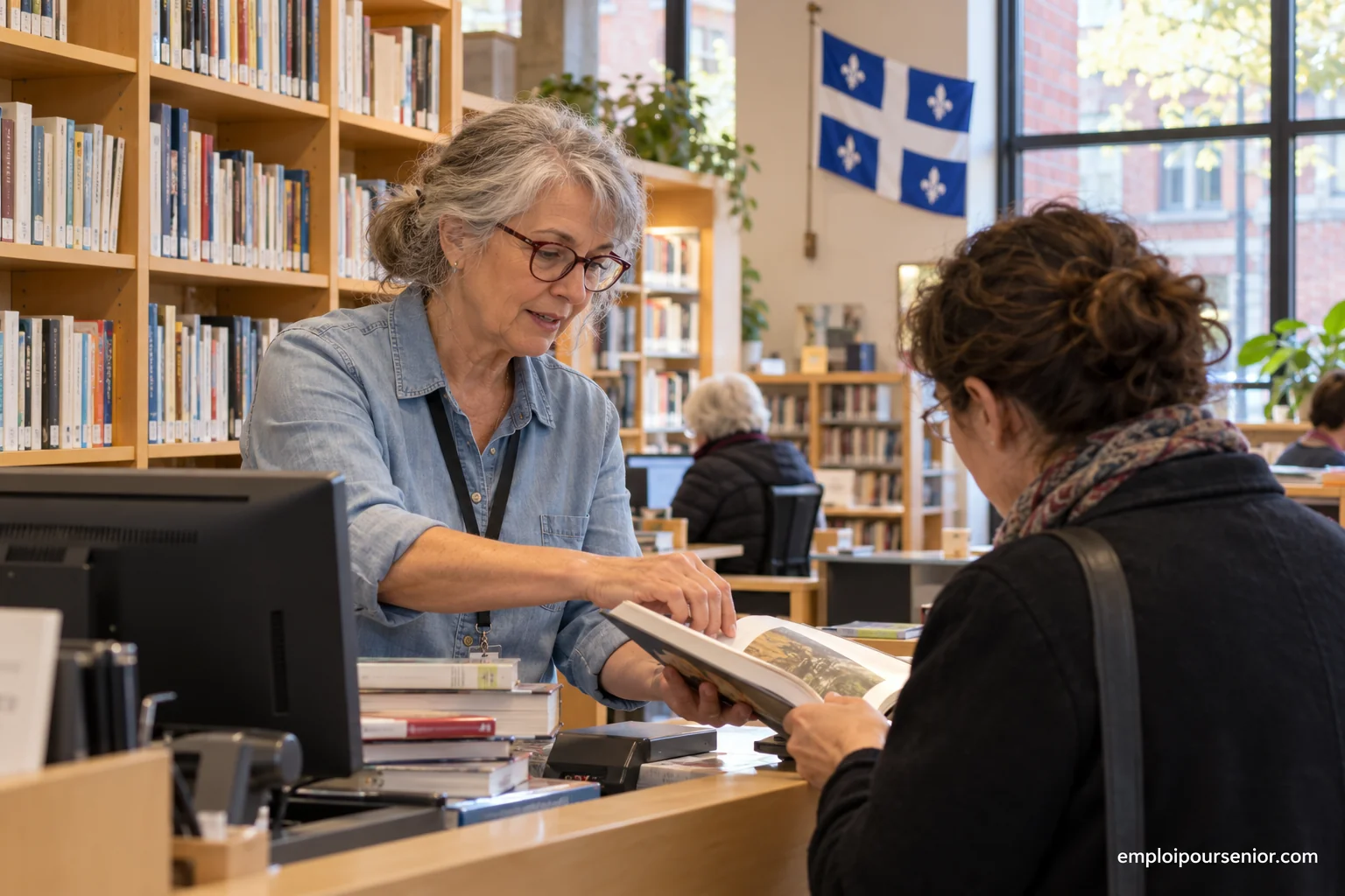 Una empleada veterana de biblioteca atiende a una visitante en Quebec.