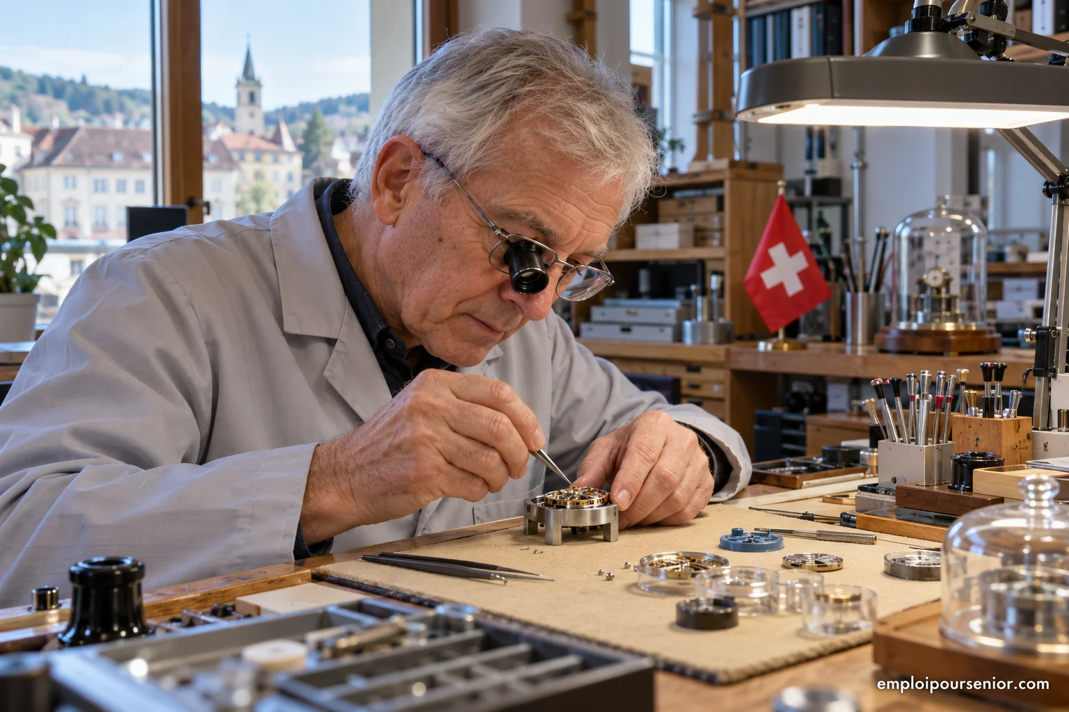 Un técnico veterano realiza un trabajo de precisión en un taller suizo.