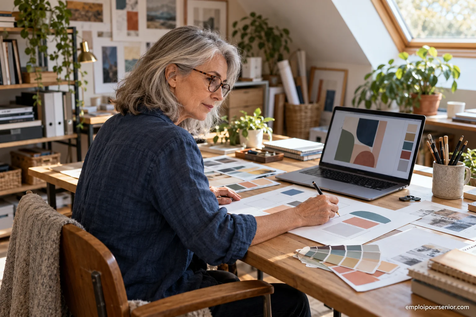 A senior graphic designer comparing colour swatches at her desk as a self-employed professional